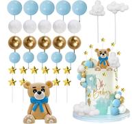 Morofme 33 topper per torte a orso, mini orsetto, decorazione per torte, decorazione a forma di orso, statuetta oro, bianco, blu, perle, stelle, nuvole, decorazione per ragazze e bambini, doccia,