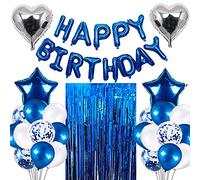 Morofme Palloncini blu per compleanno, 37 pezzi, set di palloncini di compleanno con tenda glitterata, pellicola colorata a forma di cuore, per decorazioni di compleanno per donne, bambini, adulti