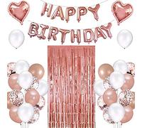 Morofme Palloncini di compleanno in oro rosa, 34 pezzi, set di palloncini di compleanno con tenda glitterata, colorati a forma di cuore, per decorazioni di compleanno per donne, bambini, adulti