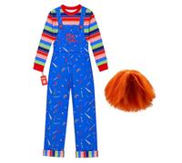 Morph Costume Bambola Assassina Uomo, Costume Horror Halloween Uomo | Tuta Blu con Righe, Slogan Stampato & Parrucca Arancione, Design Horror, Perfetto per Halloween, Ideale per Travestirsi