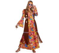 Morph Costume Hippie Donna Anni '70 - Vestito Lungo Psichedelico con Gilet a Frange e Fascia - Abito Carnevale Donna Hippy, Look Vintage Boho 2XL