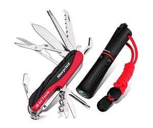 morpilot Coltello Multiuso e Pietra Focaia Set 15 in 1 Coltello Multiuso e 5 in 1 Fire Starter con Fischietto e Bussola per Il Campeggio, Escursioni e Emergenze