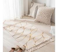 MORROWCAMP Tappeto boho piccolo, 58 x 88 cm, in cotone, lavabile, con nappe, per soggiorno, camera da letto, corridoio, tappeto in stile bohémien, tessuto a mano, onde dorate