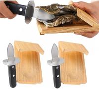 Morsetto per Sgusciare Ostriche, Shucker di Ostriche in Legno, Kit Apertura Ostriche Sicura con Coltello da Ostrica, Strumenti Portatili per Frutti Mare, Supporto per Ostriche in Legno