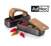 MORTAIO A CULLA + CONTENITORE PORTA SPEZIE IN GHISA E LEGNO D'ACACIA "ADHOC"