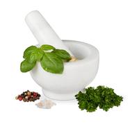 Relaxdays Mortaio & Pestello in Marmo, Robusto & Resistente, Erbe Aromatiche, in Pietra Lucida, V 120ml, Ø 10, Bianco