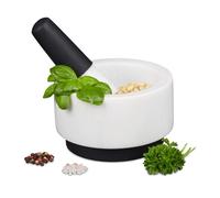 Relaxdays Mortaio e Pestello, Marmo, Silicone, Resistente, per Erbe Aromatiche e Spezie, in Pietra, D: 14 cm, Bianco