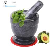 Mortar and Pestle Marble Set for Spices Pestos Seasonings Pastes Guacamole Bowl herb grinder Easy to Clean INCLUDED:Silicone Mat,Brush,Stainless Steel Spoon 4.33inch(Small, Black Gray)