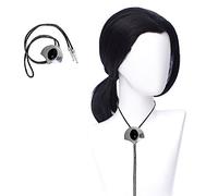 MORTICIA Parrucca per costume da uomo anni '70 Hippie corta dritta nera Vincent Vega con Widows Peak Uomo Breve Black Dritto Parrucca Halloween Costume con 1 Bolo Cravatta