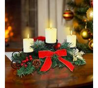 MorTime Portacandele natalizio, decorazione natalizia da tavolo con fiocco rosso, pigne e bacche, centrotavola con base in acciaio per decorazione natalizia