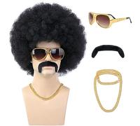 morvally Parrucca Afro Nera Anni '70 per Uomo con Catena per Occhiali e Baffi Parrucca Riccia per Costume da Discoteca Anni '70 Hippie Rocker Anni '80 Parrucche Cosplay Divertenti per Halloween