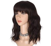 Morvally Parrucca Bob ondulata corta con frangia per le donne 16 pollici naturale sintetico capelli ondulati parrucche (marrone scuro)
