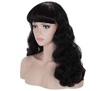 Morvally Parrucca vintage anni '50 di media lunghezza nera con frangia | parrucca sintetica ondulata naturale per donne Cosplay Halloween