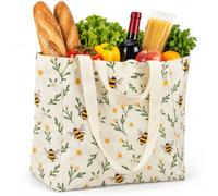 Morvexa Borsa per la spesa XXL con 7 scomparti e doppi manici per il | Tela stampata, mercatino e gite familiari, 60 x 37 x 36 cm, decorazione api e fiori, pieghevole, grande formato rettangolare
