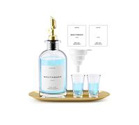 Moryimi Dispenser per collutorio, decanter in vetro da 473,6 g, per bagno, contenitore per collutorio, bottiglia con beccuccio, dispenser riutilizzabile per collutorio, set con tazze, vassoio dorato e