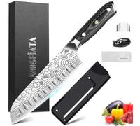 MOSFiATA Coltelli da Cucina Professionali, Coltello Santoku Coltello da Cucina Giapponese Coltello Chef in Acciaio Inossidabile con Affilacoltelli e Protezione per le Dita - 17,8CM