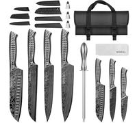 MOSFiATA Set di 12 coltelli da cucina, in acciaio inox grigio, per esterni, con custodia, set di coltelli affilati, protezione per le dita, bacchetta per affilatura, sacchetto per il trasporto Oxford