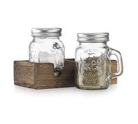 MosJos Mason Jar Salt and Pepper Shaker - Set di dispenser per condimenti in vetro vintage con supporto in legno - Decorazione da cucina fattoria, facile ricarica capacità 141,7 g con coperchi in
