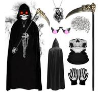 MOSTFUN Set costume da triste mietitore, mantello con cappuccio, occhiali da falce leggeri, catena in plastica con scheletro, maschera per il viso, ciondoli e guanti per bambini, decorazione cosplay