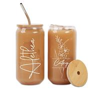 Mostop Bicchiere da caffè ghiacciato personalizzato con coperchi e cannucce, tazze di vetro per lattine, bicchiere personalizzato con fiore di nascita, regalo per la festa della mamma, regali di