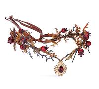 MOSTORY Cerchietto per capelli da elfo regina, elfo del bosco, con ciondolo a forma di foglia di fata, con ciondolo rosso di cristallo, ghirlanda per capelli a forma di melograno, per cosplay,