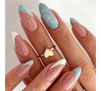 Mostra la tua bellezza 24 pezzi di unghie finte a forma di mandorla, classiche ed eleganti, con sfumatura blu cielo, tie-dye, bianco diagonale francese, strisce glitter oro, rosa nudo, lucide e brilla
