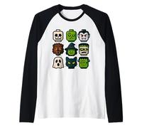 Mostro Faces Pop Art Halloween Block Style Graphic Maglia con Maniche Raglan