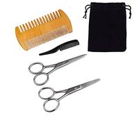 Motanar Set di 4 forbici da barba, forbici e pettini, in acciaio inossidabile, bambù e PVC, argento e nero, 1 pezzo, kit per la cura della barba