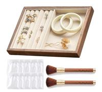 Mother’s Day Gift Complete Set Velvet Jewelry Tray with 10 Storage Pouches and 2 Soft Brushes, Stackable Wooden Organizer, Premium Lining, Rounded Edges, for Rings Earrings Necklaces(1grid+5 Line)