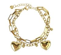 MOTIBACK Bracciale in acciaio inox dorato doppia catena, ciondolo a forma di cuore e sfere elementi, elegante gioiello da donna per tutti i giorni, appuntamenti, regalo di compleanno per ragazze