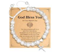 MOTIBACK Gott benedne dich Bracciale regolabile con croce cristiana di perle come regalo di battesimo e cresima, per ragazze