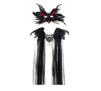 MotiveTech Maschera Gotica con Appendici Nero Coprispalle con Piume Versatile Mantella Pizzo per Halloween, Maschera Corna Demone Con Dettagli Rossi E Mantello Piumato