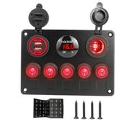 MotiveTech Pulsantiera con 5 Interruttori, Rosso, Rosso | Multifunzione, Pannello Interruttori con Voltmetro, Impermeabile, Pannello di Comando con Presa 12V, per Barca