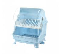 MotiveTech Scolapiatti con Coperchio Vassoio di Scarico Rimovibile Contenitore Scolapiatti in Plastica Drenaggio Rapido Portapiatti a 2 Livelli, Blu