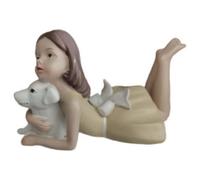 MotiveTech Statuetta Ragazza con Cane Dipinta Statuetta con Posizione Gamba Sollevata Elegante Scultura Confezione in Scatola di Carta per Mensola, Soggiorno, Cagnolina Sinistra Gialla