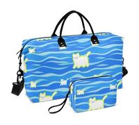 Motivo a onde del gatto del fumetto bianco decorativo Carry On spalla Weekend Tote Gym Bag con tracolla regolabile per aereo Viaggiare 2 Pz Set Bolsa para en Avion