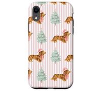 Motivo a strisce rosa con bassotto marrone crema Custodia per iPhone XR