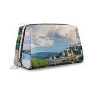 Motivo europeo, trousse per cosmetici, cielo nuvoloso e fiume in Austria, organizer in pelle, borsa da toilette riutilizzabile, verde blu, S, Verde Blu_20, Taglia unica, Beauty Case