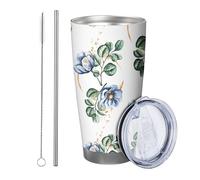 Motivo floreale blu con coperchio e cannuccia, foglie di cottage, rustico, pianta botanica, fiore verde e blu, isolante, in metallo, senza versamento, senza piedini, doppia parete, 590 ml