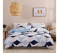 Motivo Geometrico Set Copripiumino Letto Matrimoniale Complete 1 Sacco Copripiumino 260x230 cm e 2 Federe 50x90 cm Copri Piumone Scacchi Righe Parure Biancheria Letto in Microfibra Bianco Blu