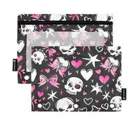 Motivo nero e fard con teschi bianchi sfondo nero carino fiocco sulla testa Cuori stelle e fiocchi in stile Monster High Pencil Pouch per 3 anelli raccoglitore con finestra trasparente matita