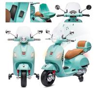 Moto elettrica per bambini Vespa, Motocicletta con ruote e sedile in plastica, bagagliaio, lettore MP3, presa AUX USD MicroSD (Turchese)