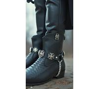 Motociclista Uomo Western Stivale Argento Catena Paio Pelle 2 Strap Chiesa Croce