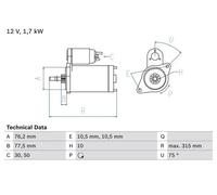 Bosch Motorino di avviamento 0 986 016 250 rotazione antioraria non autosupportato
