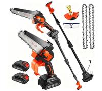Motosega Elettrica a Batteria con Asta, 2 Batterie Sega Elettrica per Potatura 6" 2 in 1, Potatore a Batteria Brushless Per Potatura Alberi Girdini Rami Vigneti Arbusti Con Guanti Occhiali Protettivi