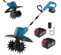 Motozappa a Batteria, 21V Motozappa Elettrica con 2 x 4.0Ah Batteria, Motore Brushless da 550 W, Larghezza 20 cm, Profondità 15cm, 4 Lame in Acciaio, Doppio Pulsante, Per Coltivazione, Diserbo