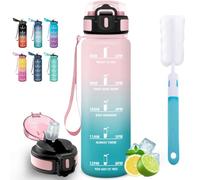 Motswedi Borraccia 1 litro, Borraccia Palestra, Comprende 6 Paglie e 1 Spazzola di Spugna, Bottiglia d'acqua Sportiva, Bottiglia Acqua 1l, per Palestra, Viaggi, Ciclismo, Verde Rosato