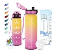 Motswedi Borraccia 1000/1500ml, Senza BPA, Borraccia Palestra, Prova di Perdite, Borracci Motivazionale, con Filtro, Sportiva, Bottiglia Acqua per Scuola, Palestra, Ufficio, Yoga, Giallo-Rosa