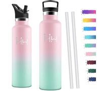 Motswedi Borraccia Termica 1 litro, con Cannuccia, Borracce Termiche, Doppia Parete, Bottiglia Termica, Acciaio Inox, Borraccia a Prova di Perdite, per Palestra, Campeggio, Outdoor, Rosa & Verde