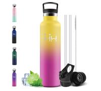 Motswedi Borraccia Termica 1l, con Cannuccia, Acciaio Inox, Borracce Termiche, per Bevande Calde, Fredde per Acqua, Bottiglia Termica 1 Litro, per Sport, Yoga, Palestra, Giallo & Fucsia